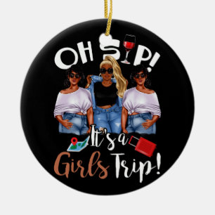 Oh Sip It's A Girls Trip Fun Wine Party Black Wome Ceramic Tree Decoration