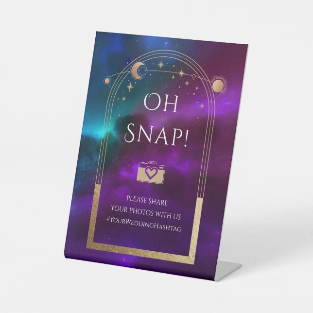 Oh Snap Cosmic Purple Teal Sun Moon Stars Wedding Pedestal Sign (Front)