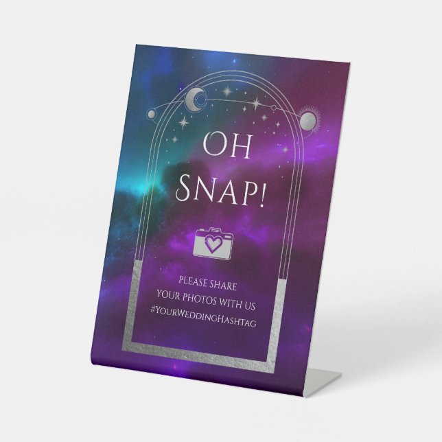 Oh Snap Cosmic Purple Teal Sun Moon Stars Wedding Pedestal Sign (Front)