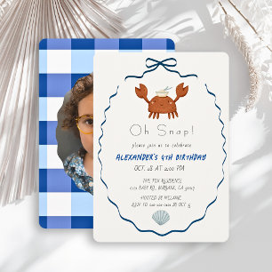 Oh Snap Crab Blue Bow Boy Photo Birthday Invitation