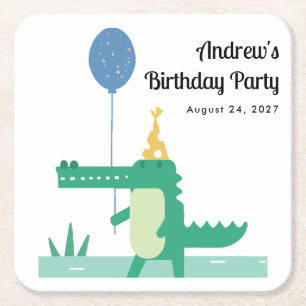 Oh Snap Cute Alligator Kids Birthday Square Paper Coaster