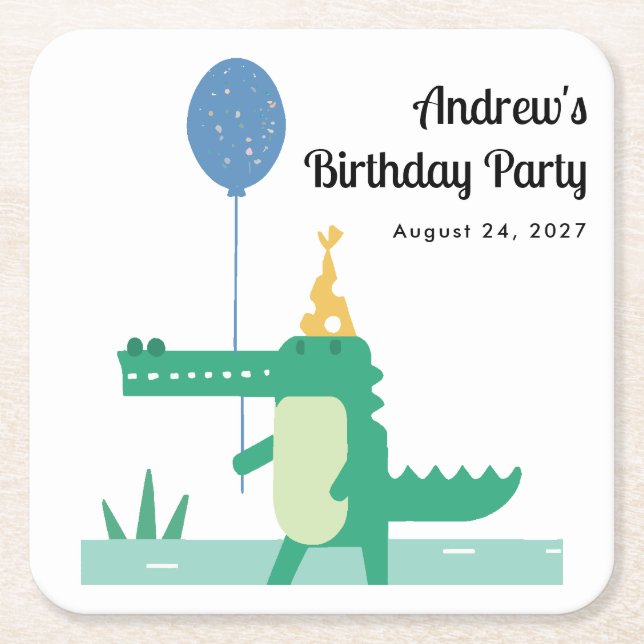 Oh Snap Cute Alligator Kids Birthday  Square Paper Coaster (Front)