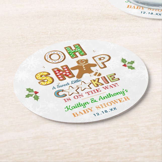 Oh Snap! Gingerbread Cookie Baby Shower Round Paper Coaster (Angled)