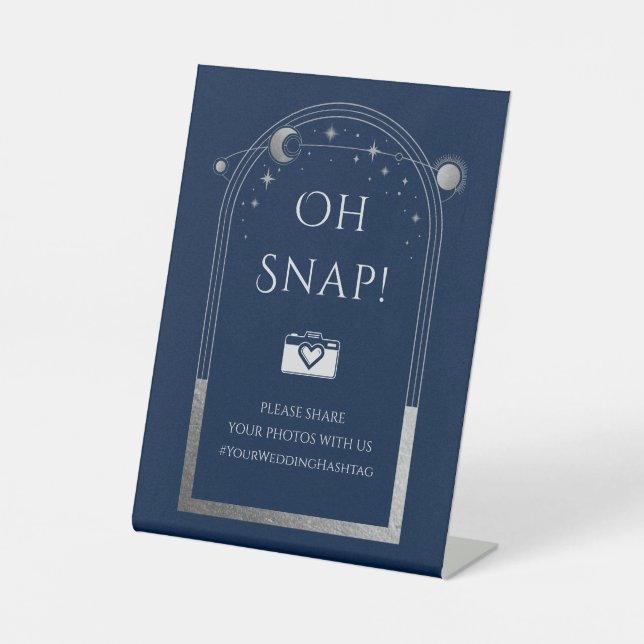 Oh Snap Mystical Blue Silver Sun Moon Wedding Pedestal Sign (Front)