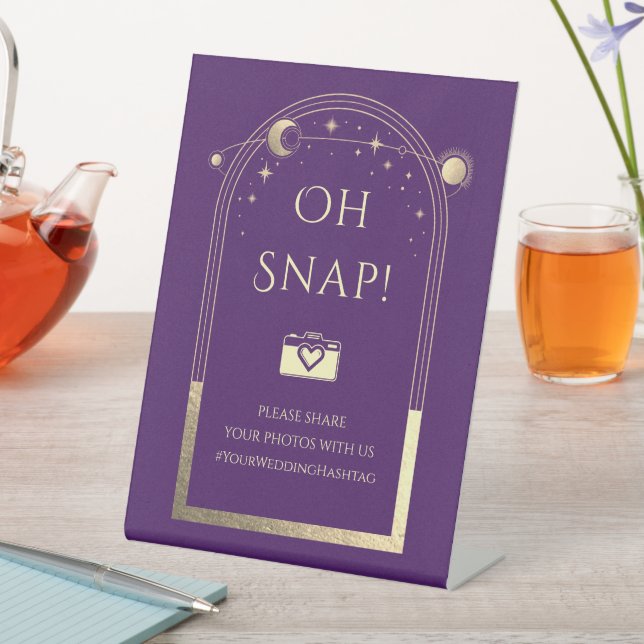 Oh Snap Mystical Purple Gold Sun Moon Wedding Pedestal Sign (In SItu)