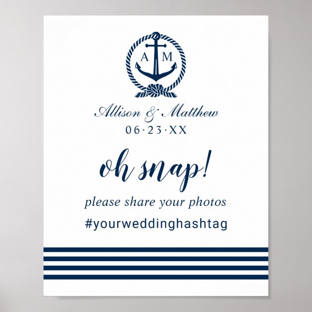 Oh Snap Nautical Navy Blue Wedding Hashtag Sign (Front)