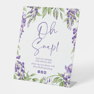 Oh Snap Purple Wisteria Floral Script Wedding Pedestal Sign