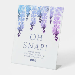 Oh Snap Purple Wisteria Floral Script Wedding Pedestal Sign