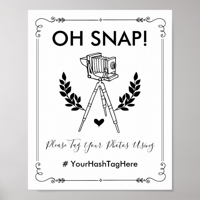 Oh Snap Vintage Botanical Wedding Hashtag Selfie Poster (Front)