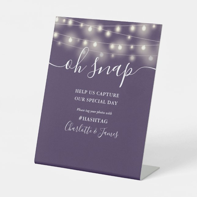 Oh Snap Wedding String Lights Purple Pedestal Sign (Front)