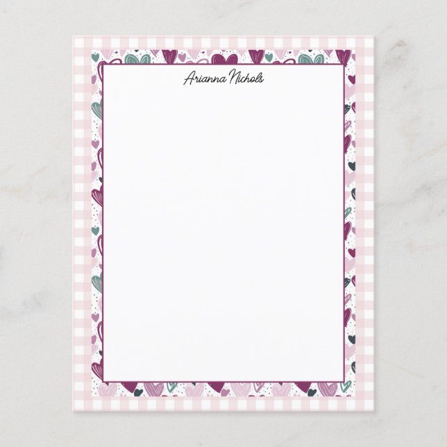 Oh So Cute Gingham and Hearts Stationery (Front)