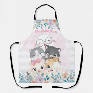 Oh So Girly Cute Happy Kitten Friends Floral Name Apron