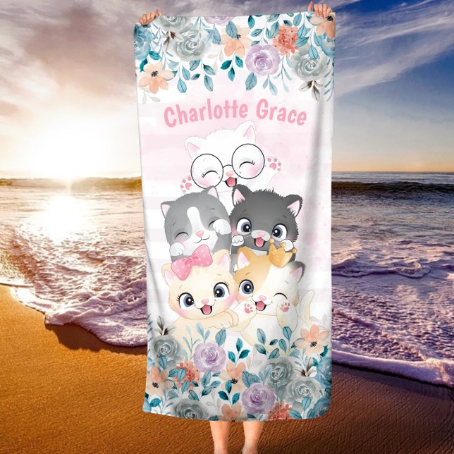 Oh So Girly Cute Happy Kitten Friends Floral Name Beach Towel (Creator Uploaded)