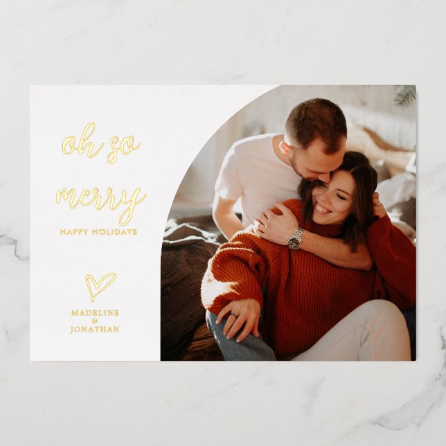 Oh So Merry Christmas Red Gold Diamond Photo Foil Holiday Card (Front)