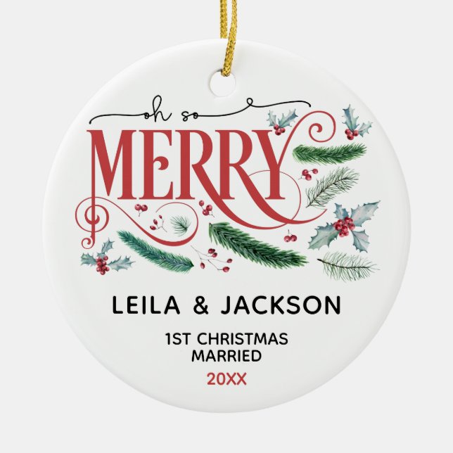 Oh So Merry Holiday Christmas Couple Ceramic Tree Decoration (Front)