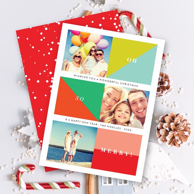 Oh So Merry Modern Colour Blocks 3 Photo Collage Holiday Card (Creator Uploaded)