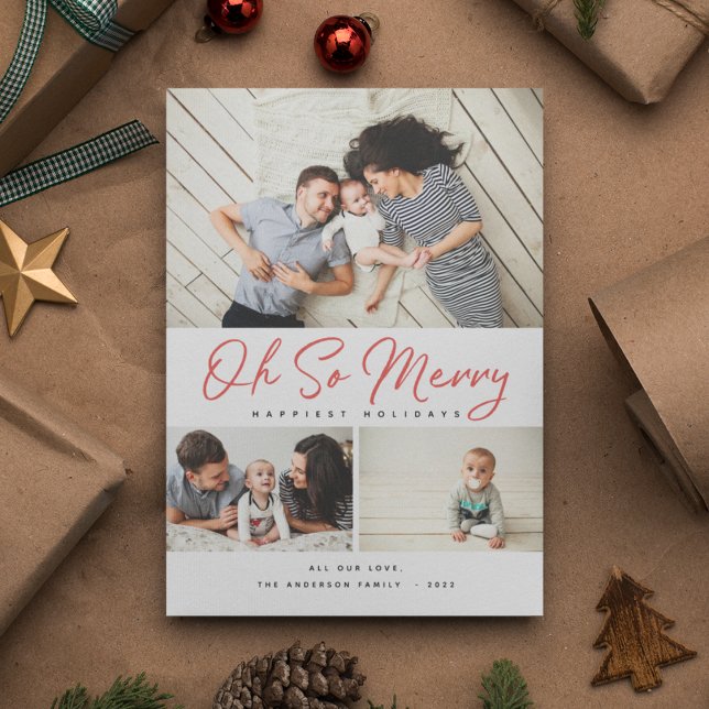 Oh So Merry Red Script Collage 3 Photo Christmas Holiday Card (Creator Uploaded)
