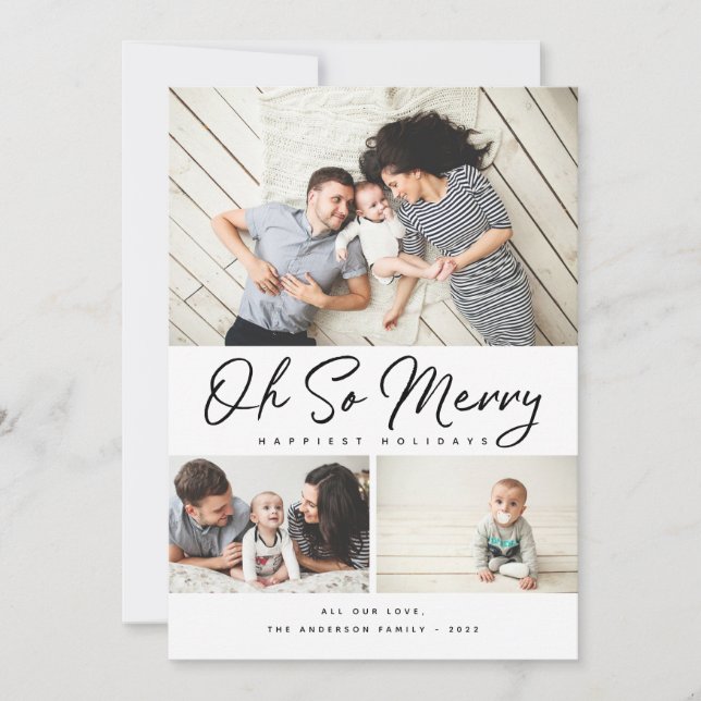 Oh So Merry Script Collage 3 Photo Christmas Holid Holiday Card (Front)