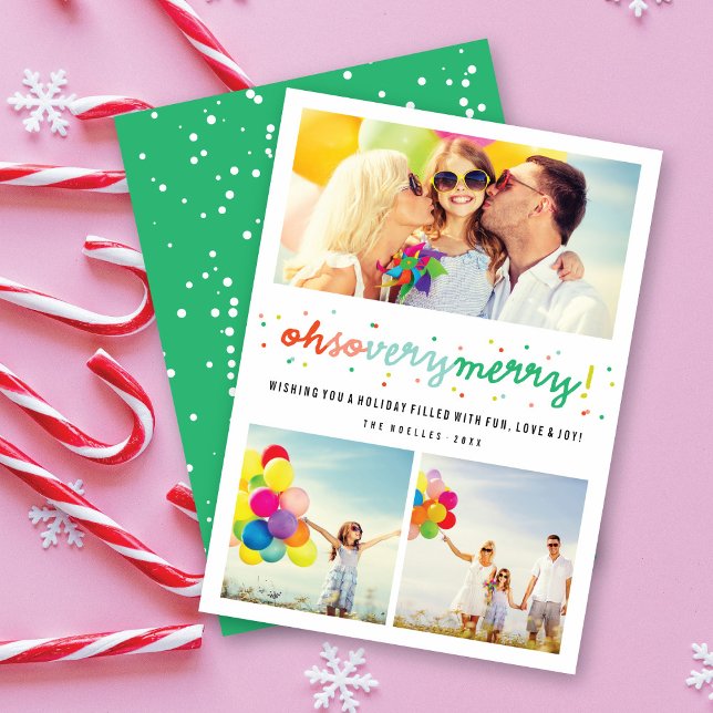 Oh So Very Merry Colourful Confetti 3 Photo Collag Holiday Card (Creator Uploaded)