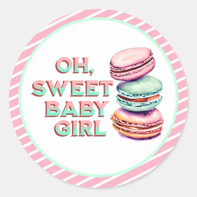 Oh Sweet Baby Girl Macaron Themed Baby Shower Classic Round Sticker (Front)