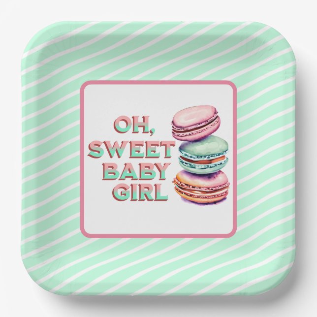 Oh Sweet Baby Girl Macaron Themed Baby Shower Paper Plate (Front)