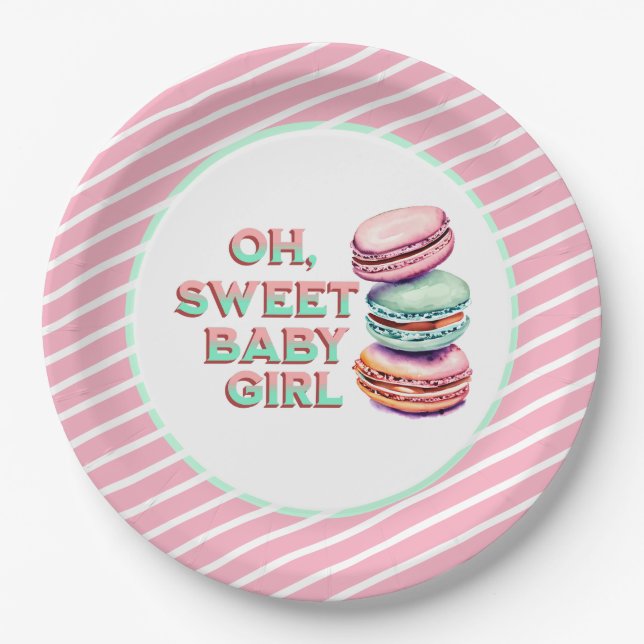 Oh Sweet Baby Girl Macaron Themed Baby Shower Paper Plate (Front)