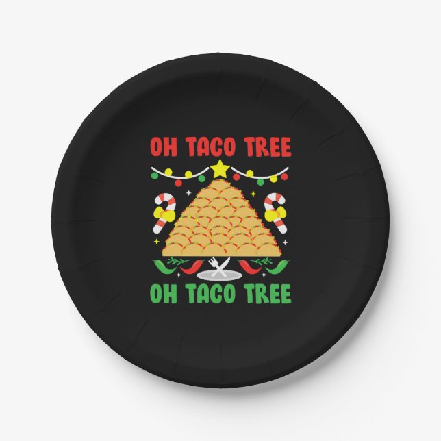 Oh Taco Tree Mexican Food Taco Lover Christmas Paper Plate (Front)