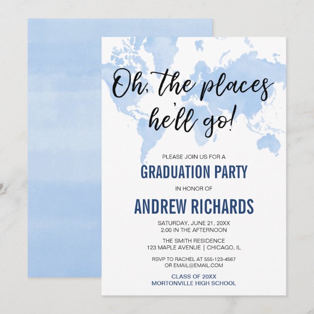 Oh the places he'll go blue graduation party invitation (Front/Back)