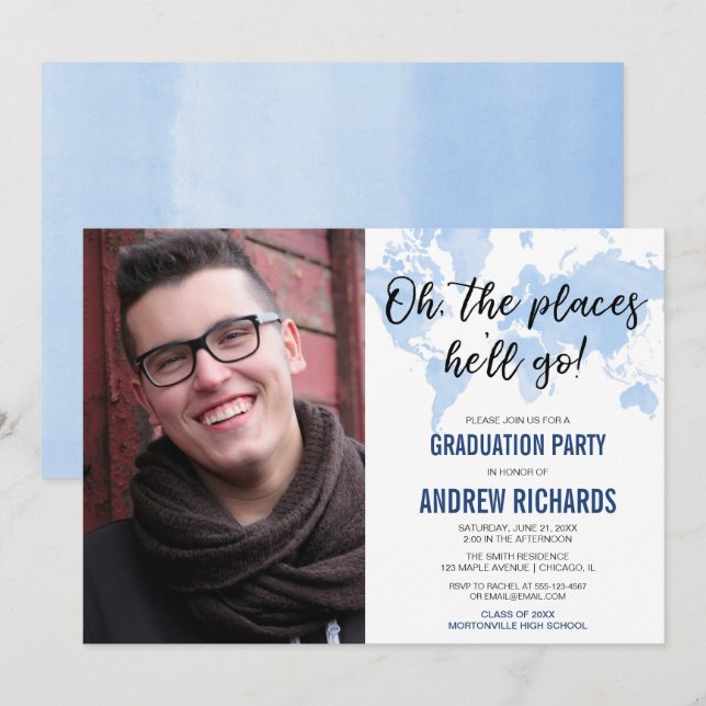 Oh the places he'll go blue graduation party photo invitation (Front/Back)