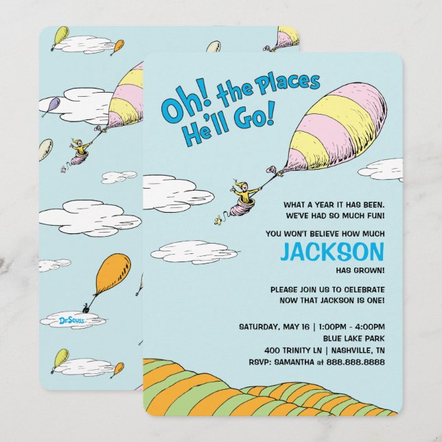 Oh, The Places He'll Go! - First Birthday Invitation (Front/Back)