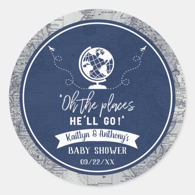 "Oh The Places He'll Go!" Travel Map Baby Shower Classic Round Sticker (Front)