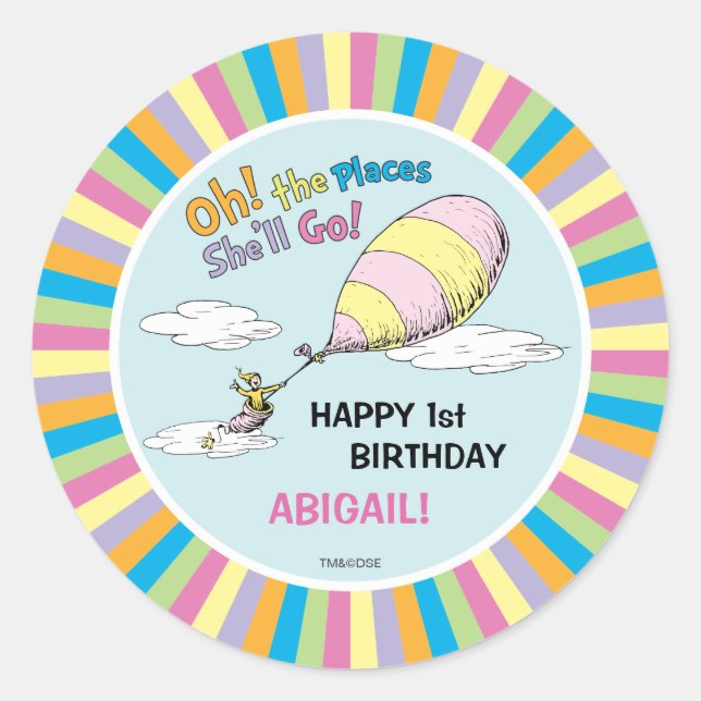 Oh, The Places She'll Go! - First Birthday Classic Round Sticker (Front)