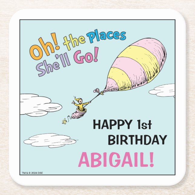 Oh, The Places She'll Go! - First Birthday Square Paper Coaster (Front)