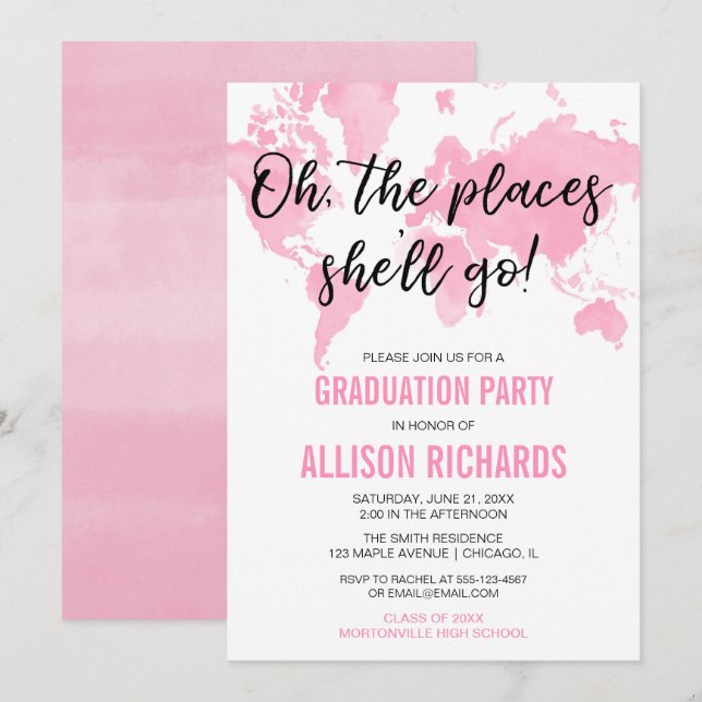 Oh the places she'll go pink girl graduation party invitation (Front/Back)