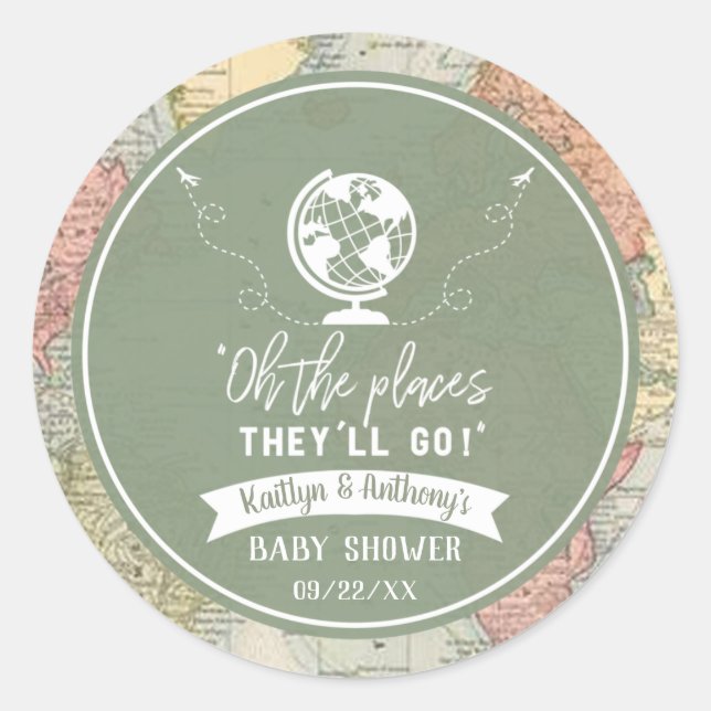 "Oh The Places They'll Go!" Travel Map Baby Shower Classic Round Sticker (Front)