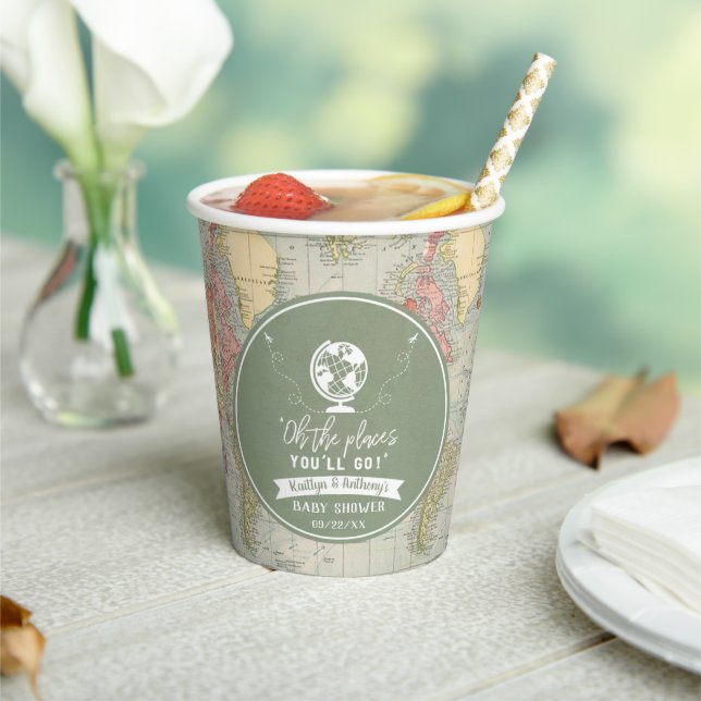 "Oh The Places You'll Go!" Travel Map Baby Shower Paper Cups (Insitu)