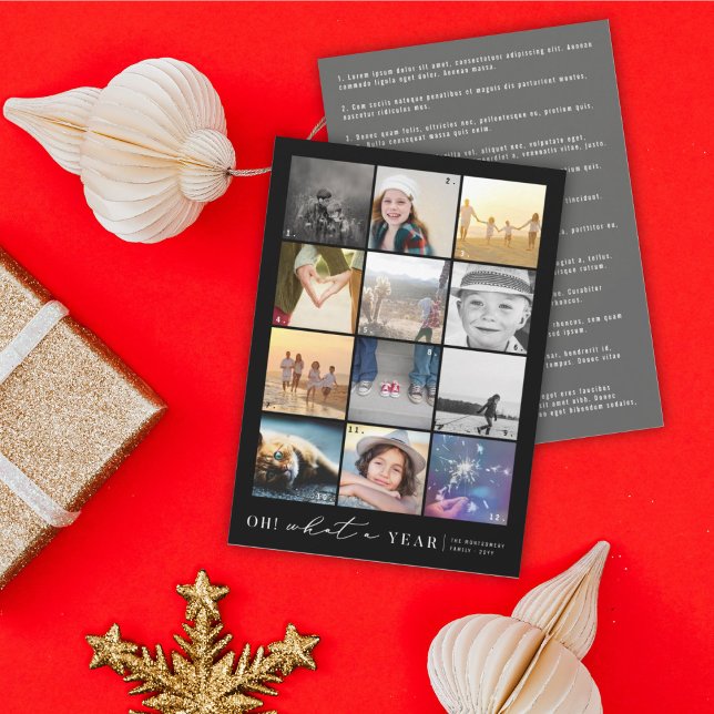 Oh What A Year In Review Minimal 12 Photo Collage Holiday Card (Creator Uploaded)