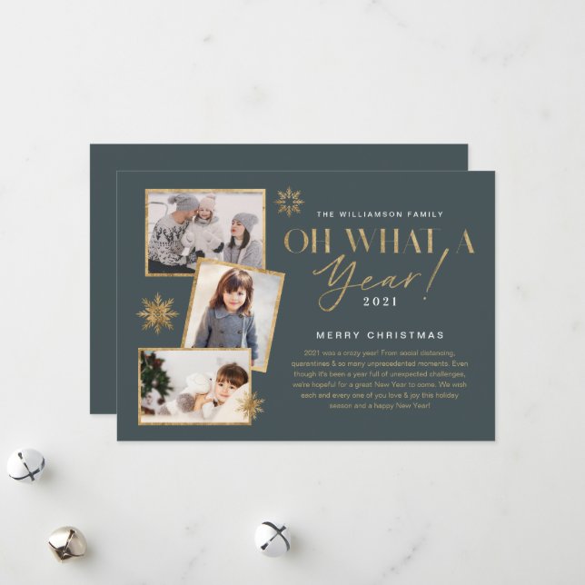 Oh What a Year! Year in Review Gold & Grey 3 Photo Holiday Card (Front/Back In Situ)