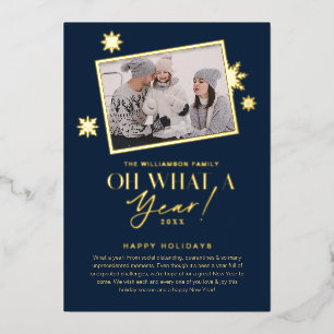 Oh What a Year! Year in Review Gold & Navy 1 Photo Foil Holiday Card