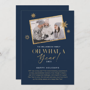 Oh What a Year! Year in Review Gold & Navy 1 Photo Holiday Card