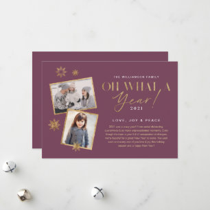 Oh What a Year! Year in Review Gold & Plum 2 Photo Holiday Card