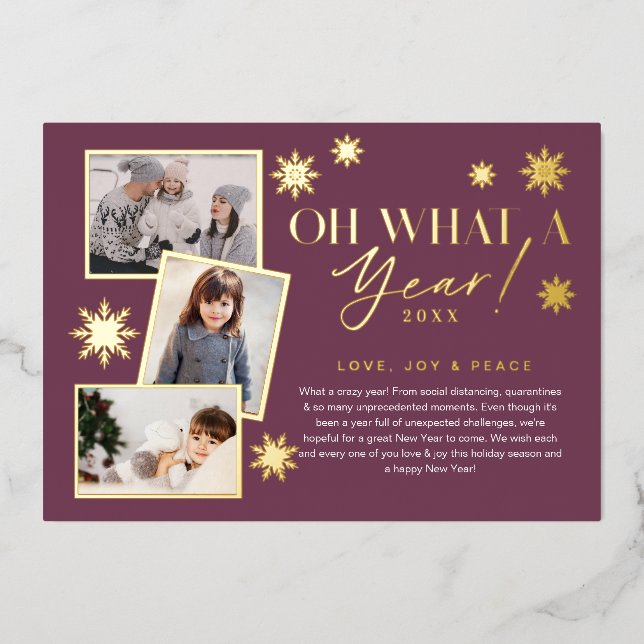 Oh What a Year! Year in Review Gold & Plum 3 Photo Foil Holiday Card (Front)
