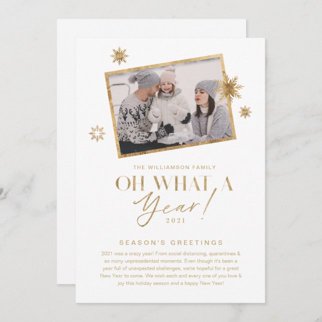 Oh What a Year! Year in Review Gold White 1 Photo Holiday Card (Front/Back)
