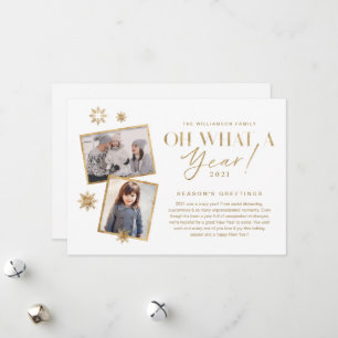 Oh What a Year! Year in Review Gold White 2 Photo Holiday Card