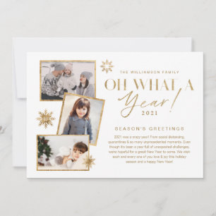 Oh What a Year! Year in Review Gold White 3 Photo Holiday Card