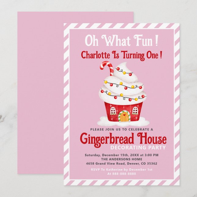 Oh What Fun! 1st Birthday Gingerbread Candy Cane Invitation (Front/Back)