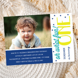 Oh What Fun 1st Birthday Photo Party Invite / Blue