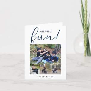 Oh What Fun 4 Photo Collage Navy Blue Christmas Holiday Card