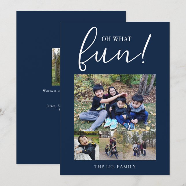 Oh What Fun 5 Photo Collage Navy Blue Christmas Holiday Card (Front/Back)