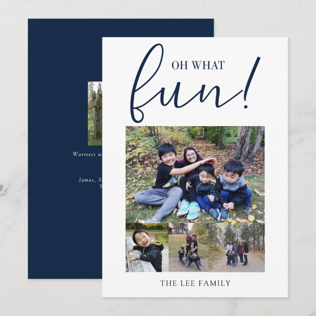 Oh What Fun 5 Photo Collage Navy Blue Christmas Holiday Card (Front/Back)